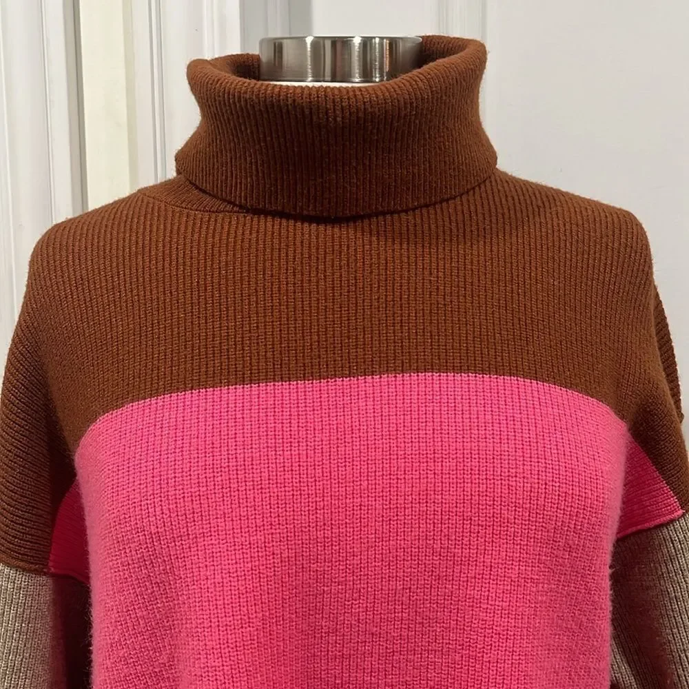 Free People Softly Structured Colorblock Turtleneck Sweater Pink Brown Oversized
